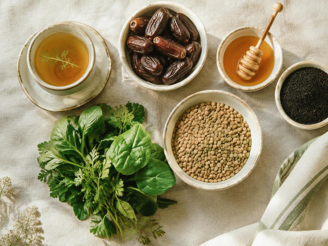 Wholesome natural foods — herbal tea, dates, honey and greens