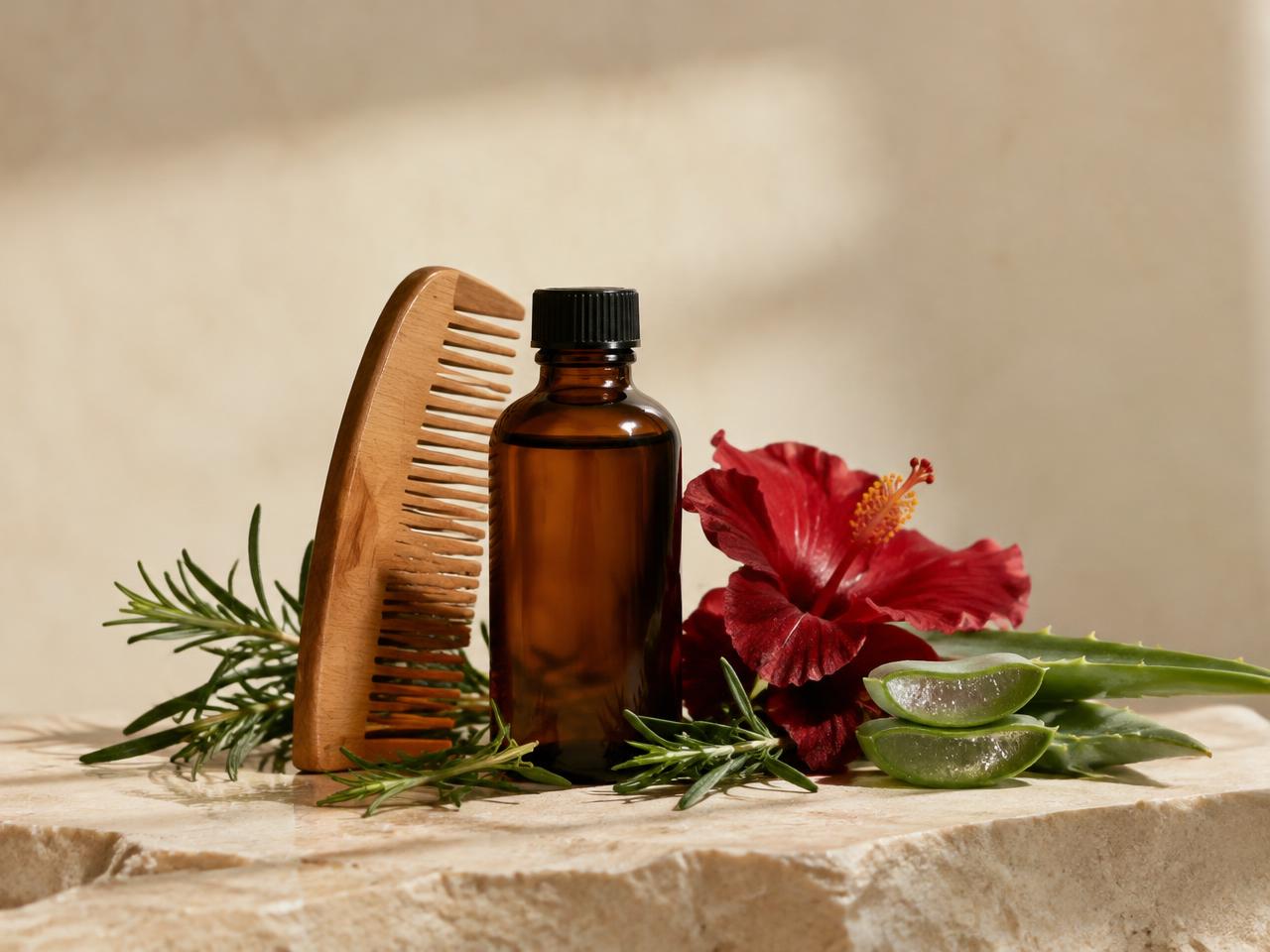 Natural hair care oil, wooden comb, rosemary and hibiscus